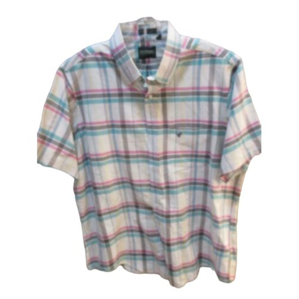 Vintage Flying Scotsman XL Made USA Short Sleeve Button Shirt plaid pink green